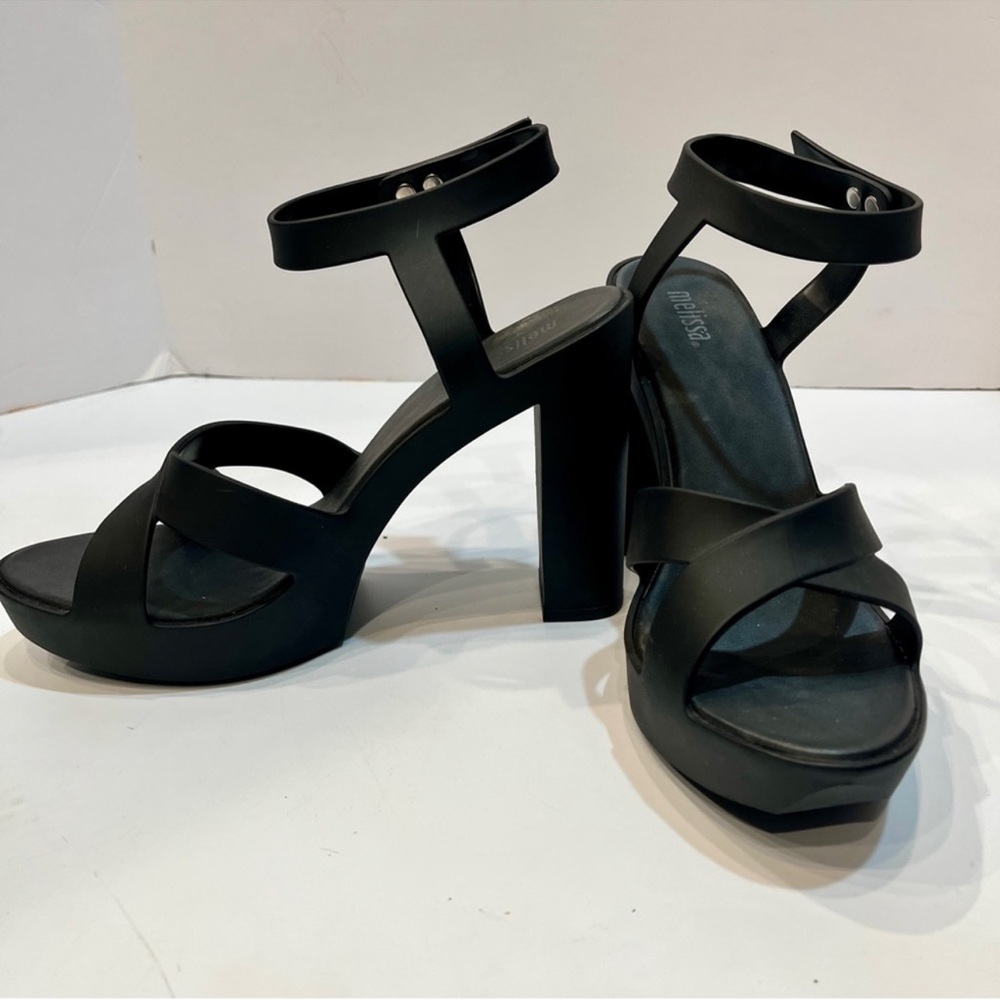 SOLD Melissa Chic Black Strappy platform chunky heels - Picture 4 of 7